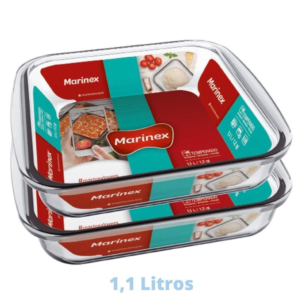 2 Assadeiras Travessa 1,1L Quadrada Vidro Temperada Marinex