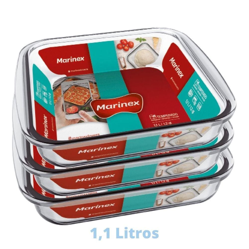 3 Assadeiras Travessa 1,1L Quadrada Vidro Temperada Marinex