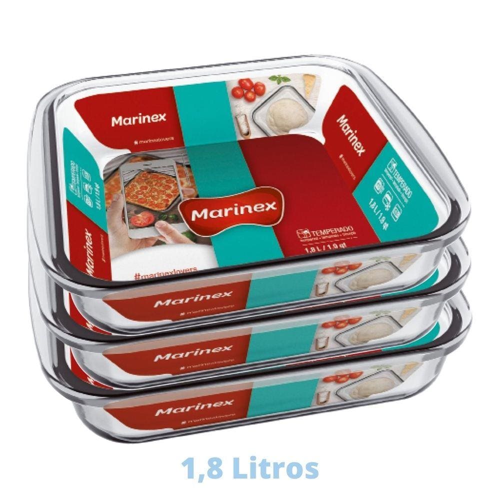 3 Assadeiras Travessa 1,8L Quadrada Vidro Temperada Marinex