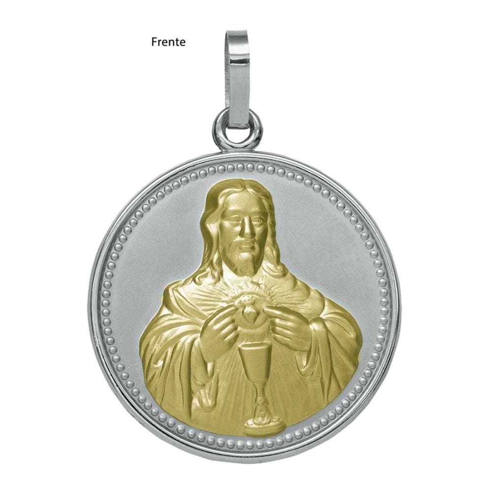 Pingente Aço Sagrado Coração de Jesus Redondo 50mm com Ouro
