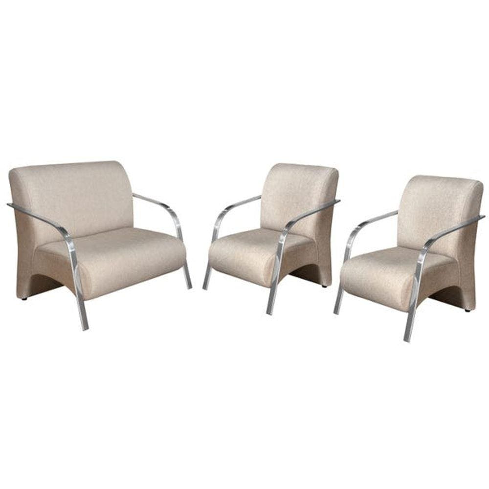 Conjunto Poltrona Decorativa Vênus Braço Alumínio Kit 3 Peças Suede