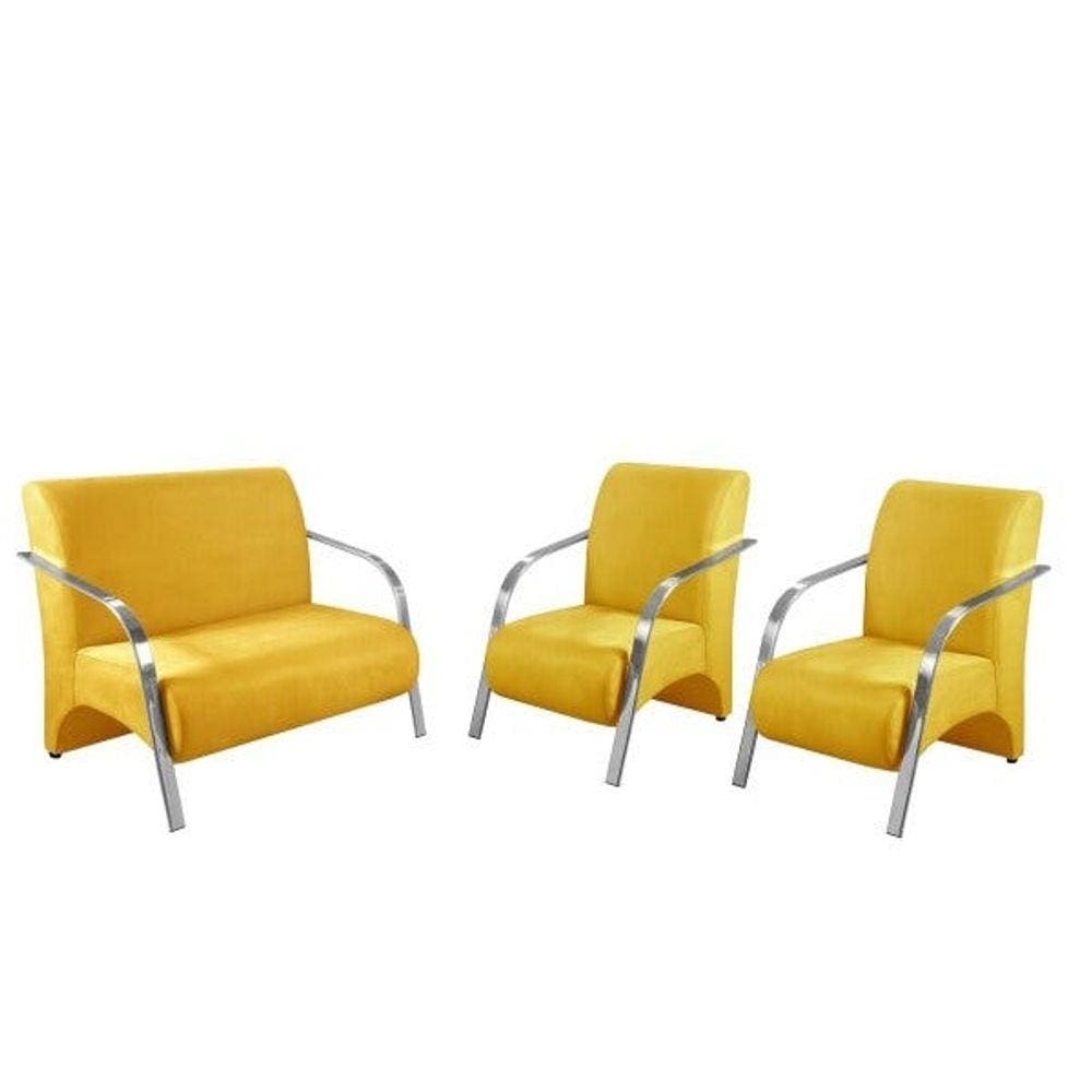 Conjunto Poltrona Decorativa Vênus Braço Alumínio Kit 3 Peças Suede