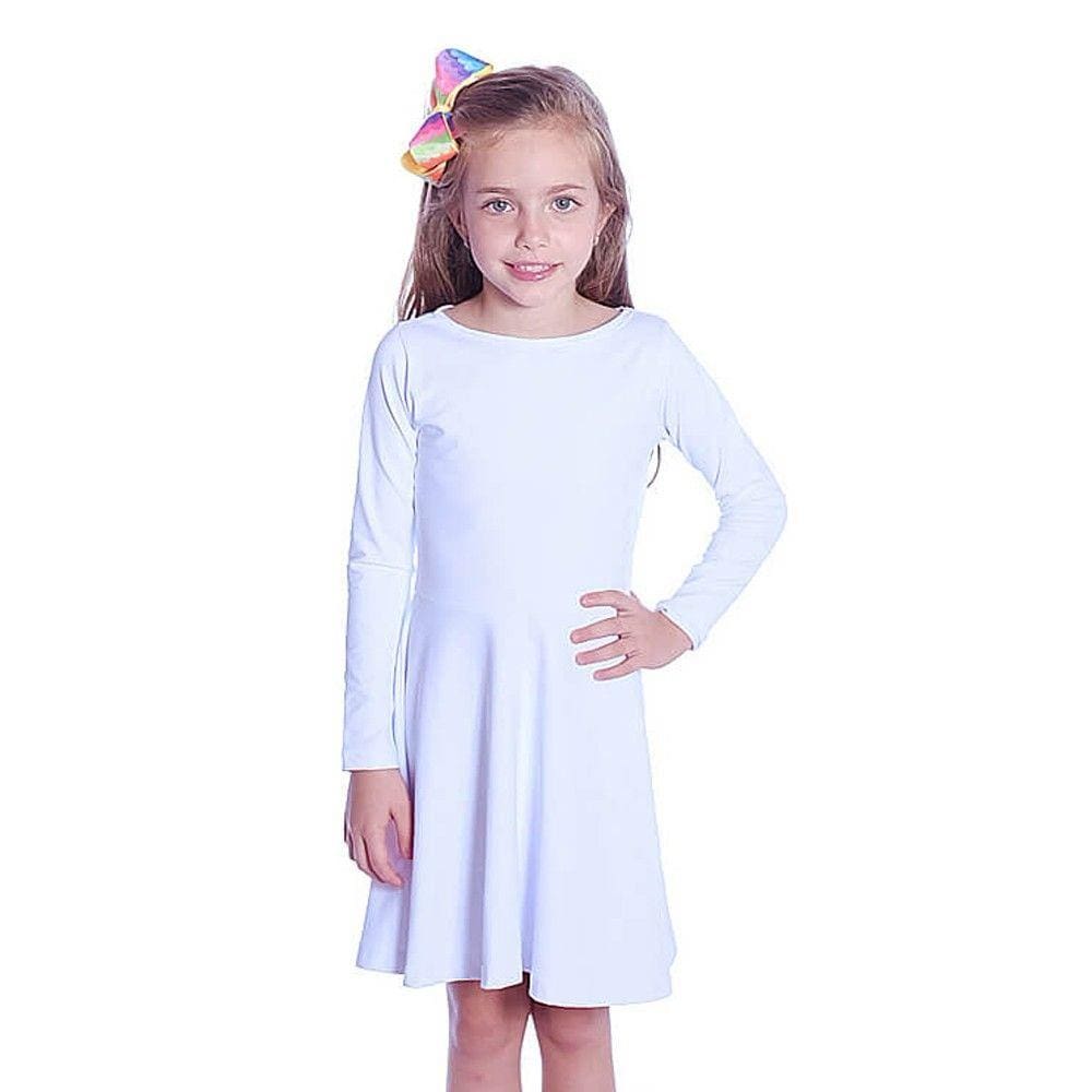 Vestido Infantil Branco Manga Longa Decote Canoa