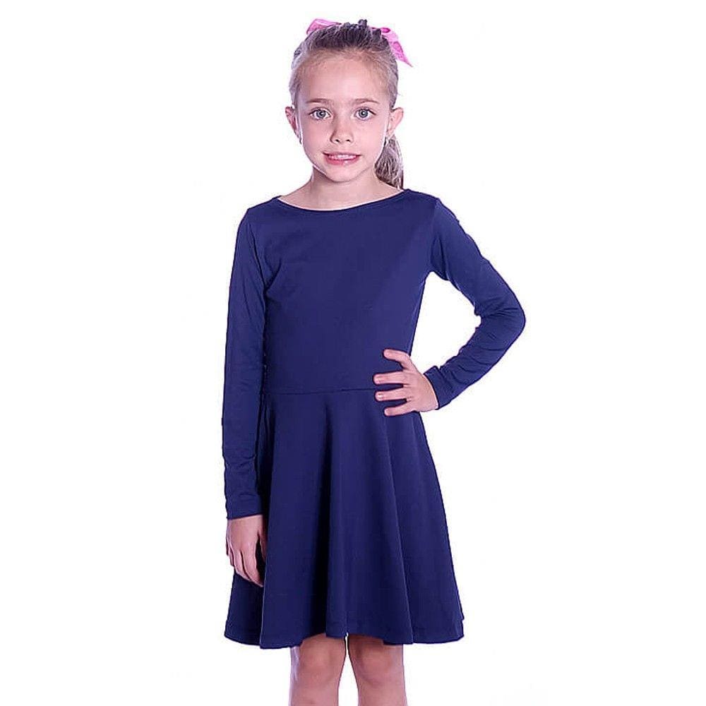 Vestido Infantil Manga Longa Azul Marinho Decote Canoa