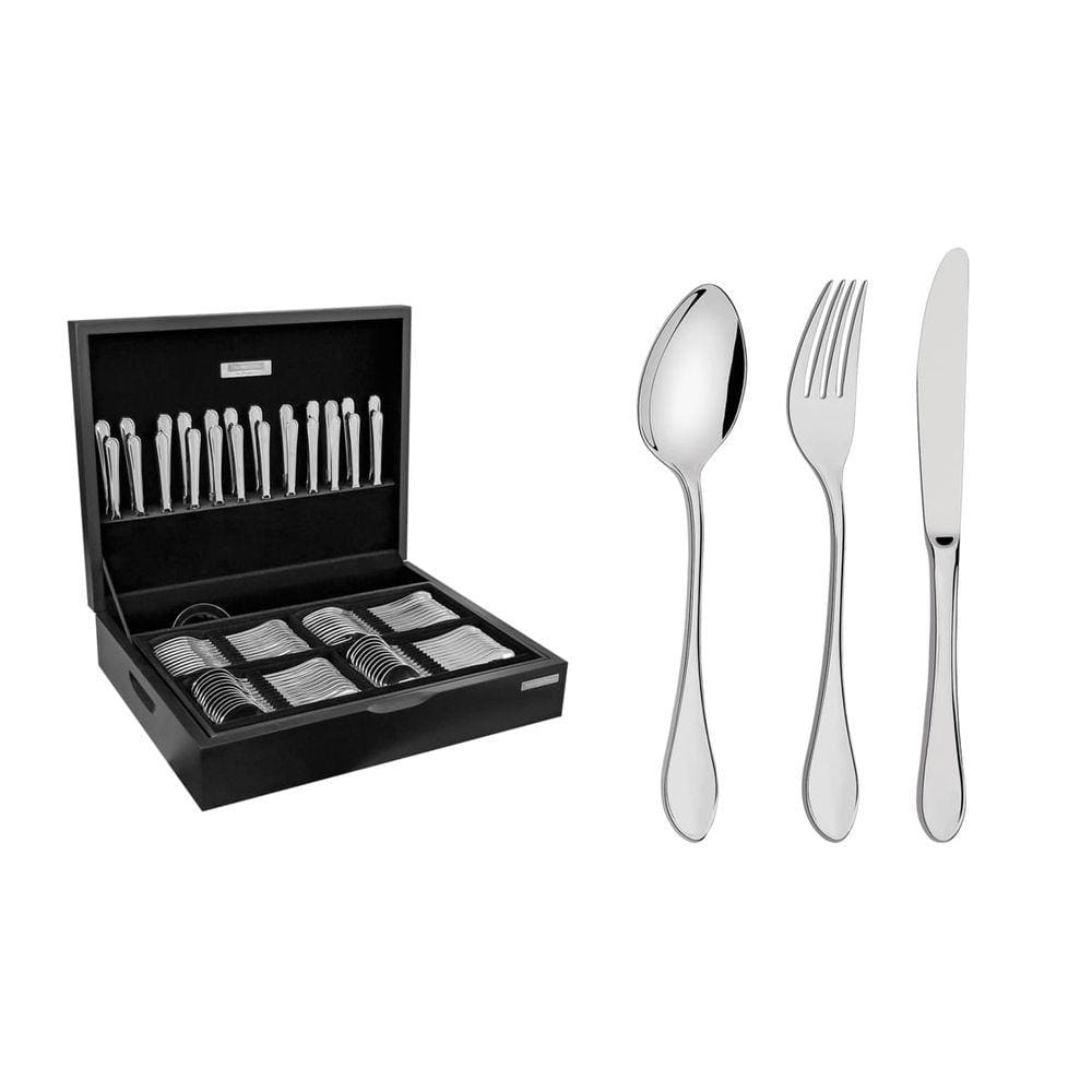 Faqueiro Tramontina Italy em Aço Inox com Facas de Mesa Forjadas 6mm Alto Brilho e Estojo de Madeira 101 Peças Tramontina