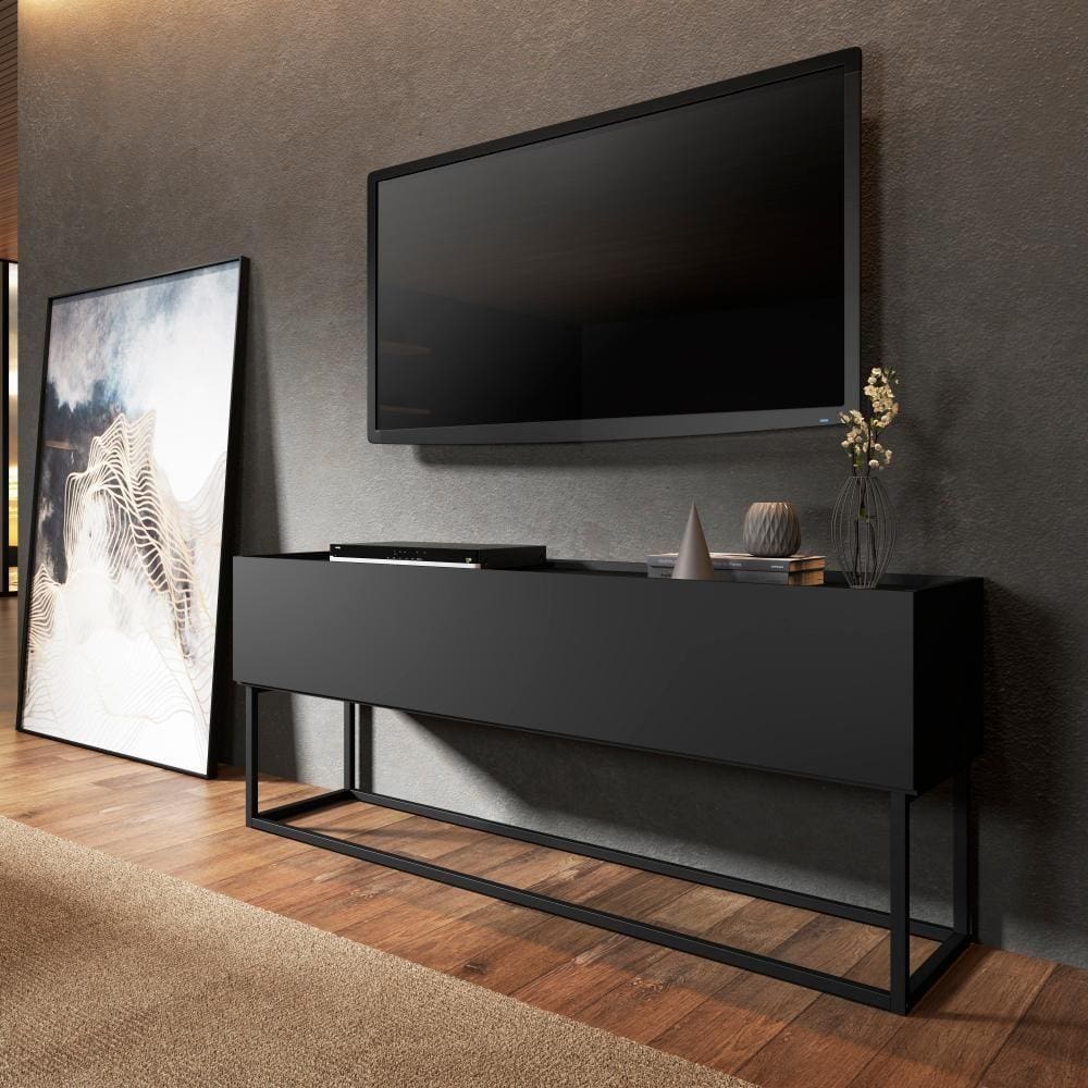 Bancada TV Basculante Preta e Tubos Preto Fosco Carraro