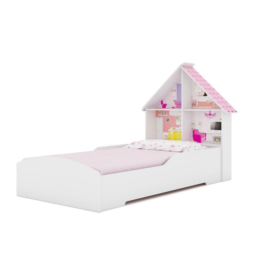 Cama Infantil com proteção lateral e cabeceira casinha casinha Gelius - Branco Acetinado