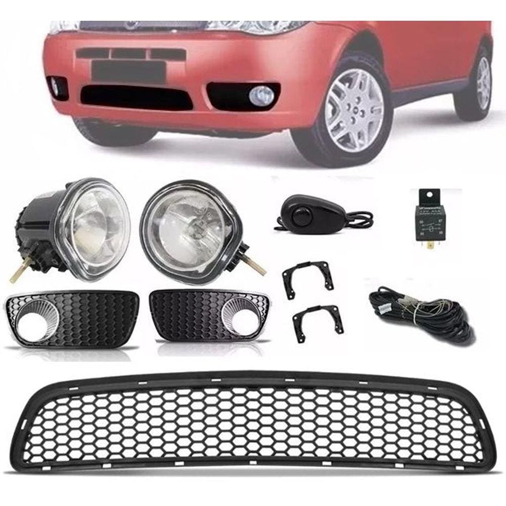 Kit Farol de Milha Neblina + Grade Para-choque Central Fiat Palio Celebration 2004 à 2010