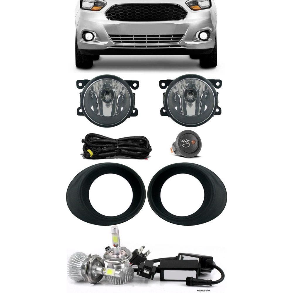 Kit Farol de Milha Neblina Ford Novo Ka 2015 2016 2017 2018 2019 2020 2021 + Kit Lâmpada Super LED 6000K - Botão Alternativo