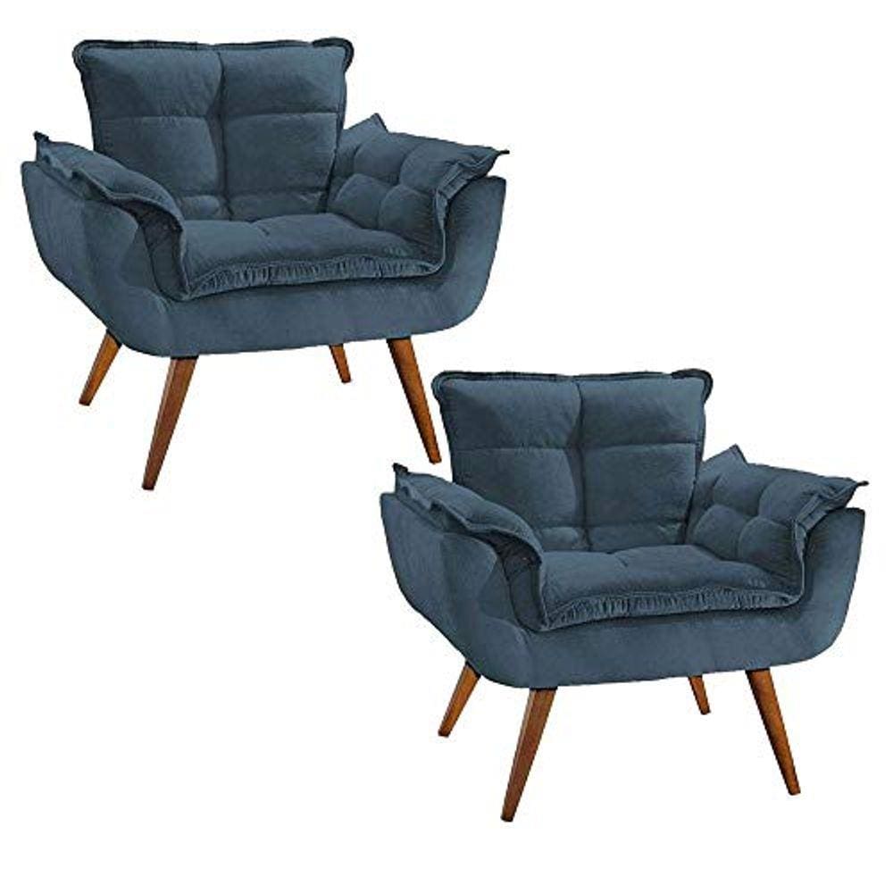 Combo 2 Poltronas Decorativas Perola com Pés Madeira Suede Azul Marinho
