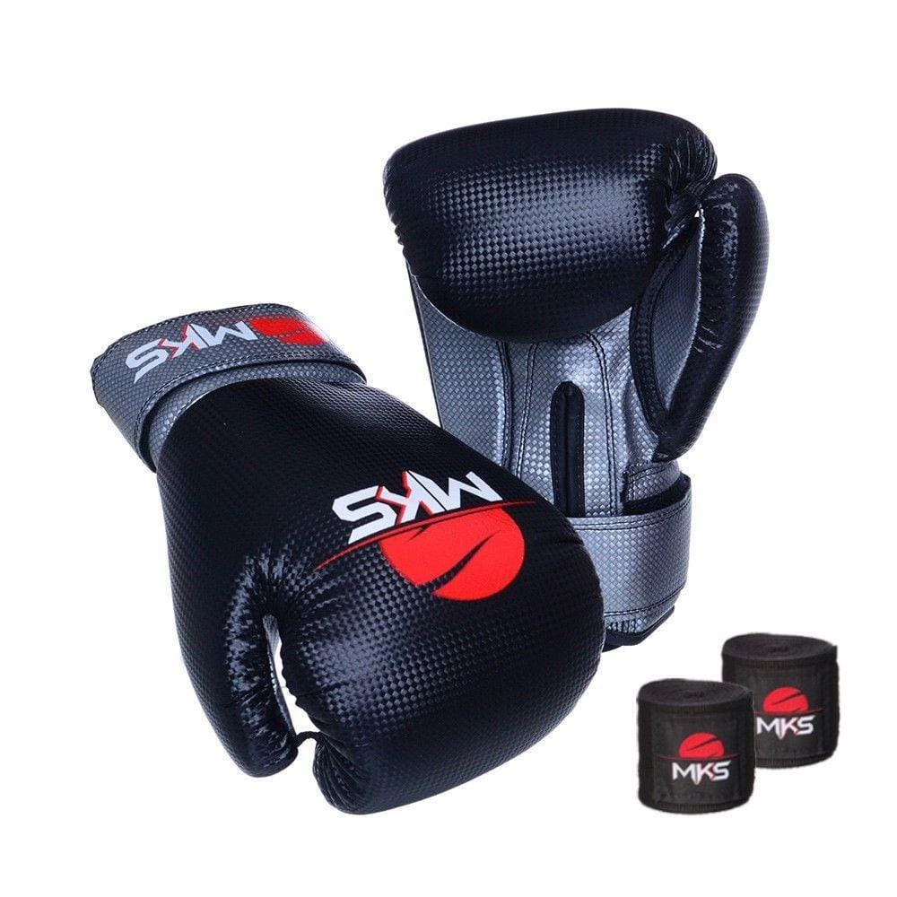 Kit Luva Boxe Prospect Mks Preta/prata Bandagem Preta 16Oz