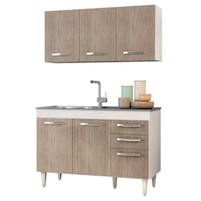 Armário Aéreo e Balcão com Pia Inox 120cm Branco e Castanho