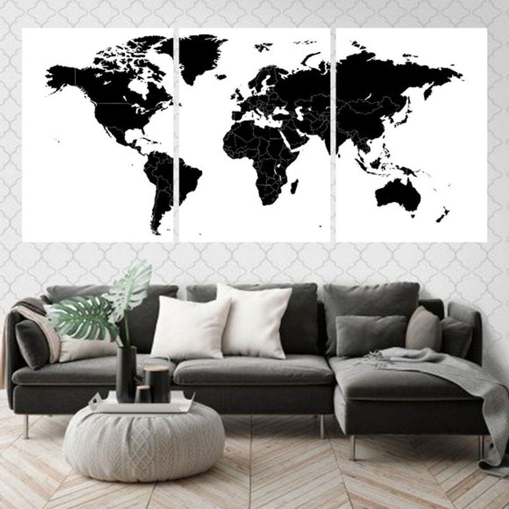 Kit 3 Quadros Decorativos Mapa Mundi Preto