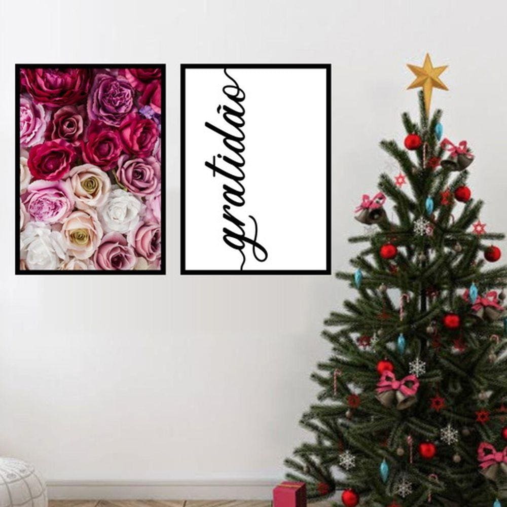 Kit 2 Quadros Decorativos Gratidão Com Flores