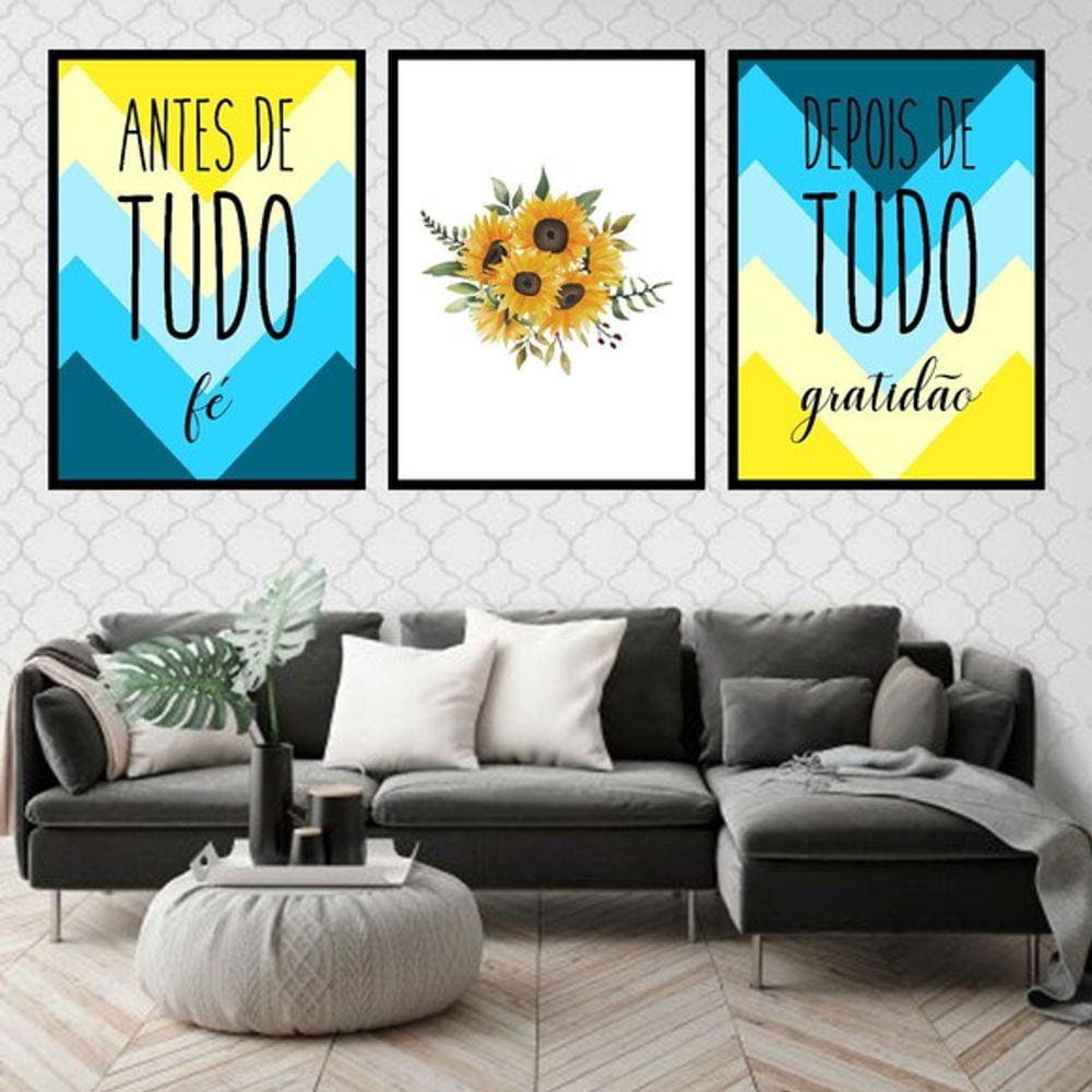 Kit 3 Quadros Decorativos Fé e Gratidão Girassol
