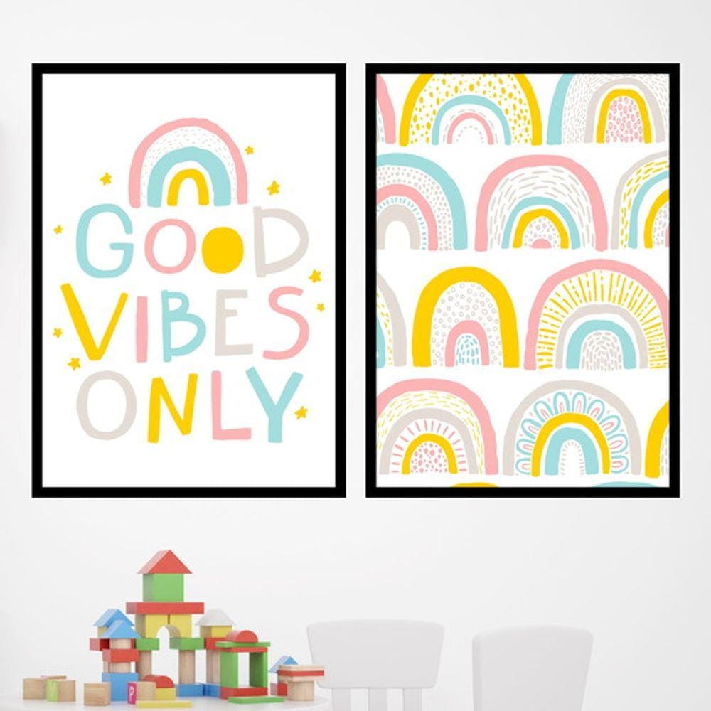 Kit 2 Quadros Decorativos Good Vibes Arco-Íris