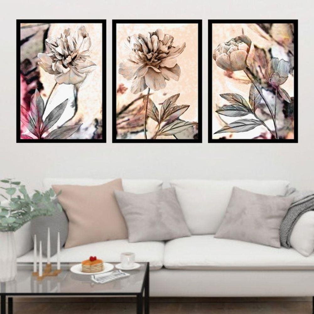 Kit 3 Quadros Decorativos Flores Neutras
