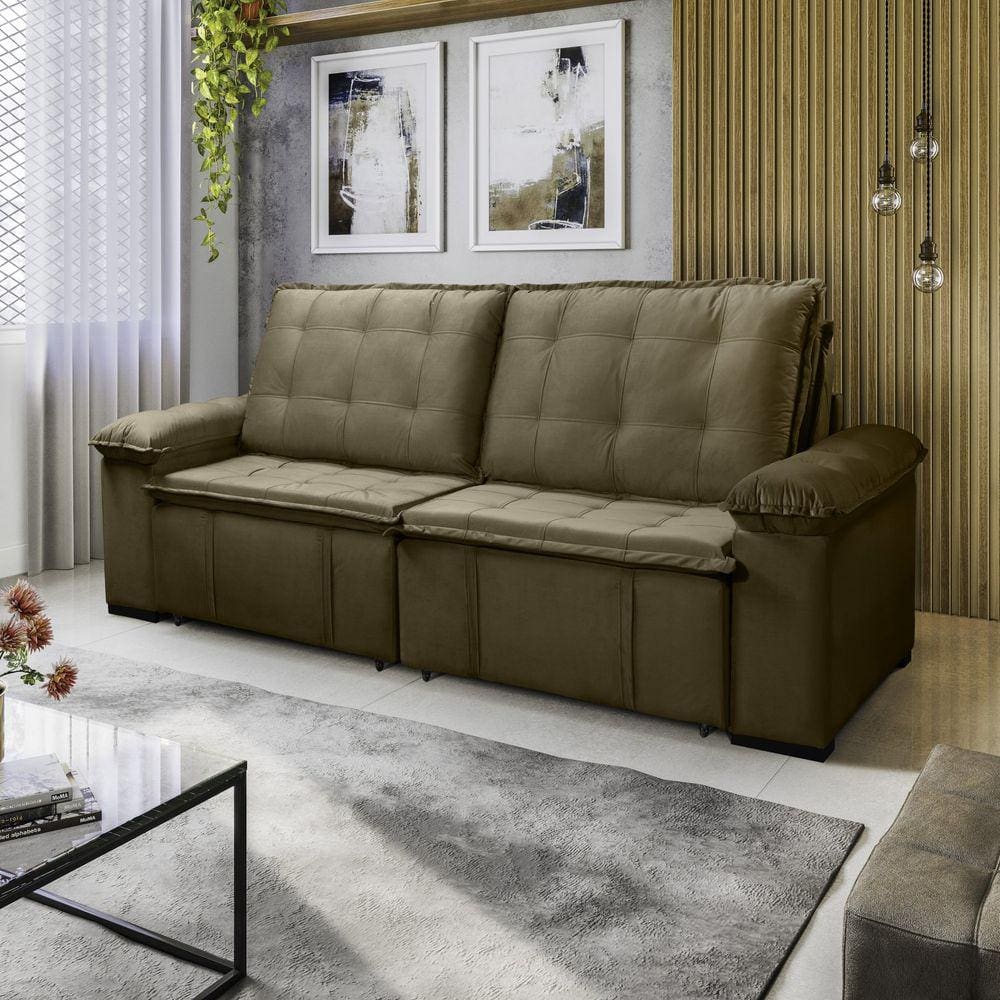 Sofá Cama Retrátil e Reclinável 4 Lugares 240cm em Veludo com Molas Palmeira CabeCasa MadeiraMadeira Bege