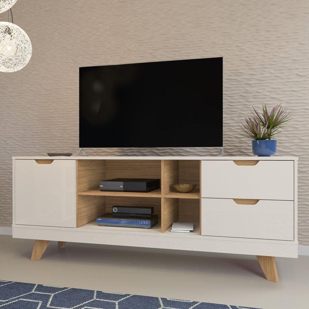 Rack Sala de Estar 1 Porta 2 Gavetas 4 Nichos Michigan Artely Off White/Carvalho