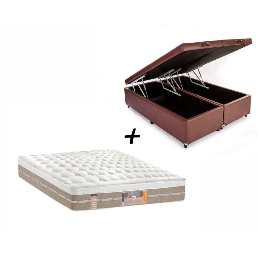 Box Baú King Sintético Marrom + Colchão Castor King Silver Star Mola Pocket Air One Face 193x203x032