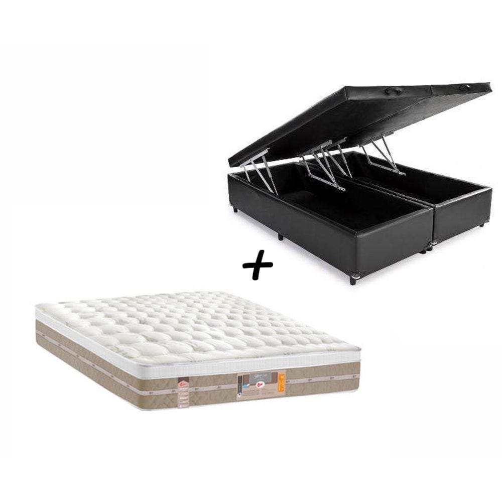 Box Baú King Sintético Preto + Colchão Castor King Silver Star Mola Pocket Air One Face 193x203x032