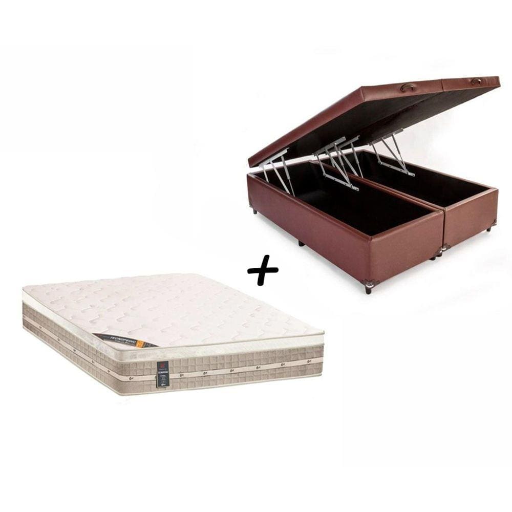 Box Baú Queen Sintético Marrom + Colchão Castor Queen Molas Premium Tecnopedic 158x198x30