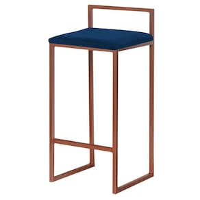 Banqueta Decorativa Jasmine Base Bronze Veludo Azul
