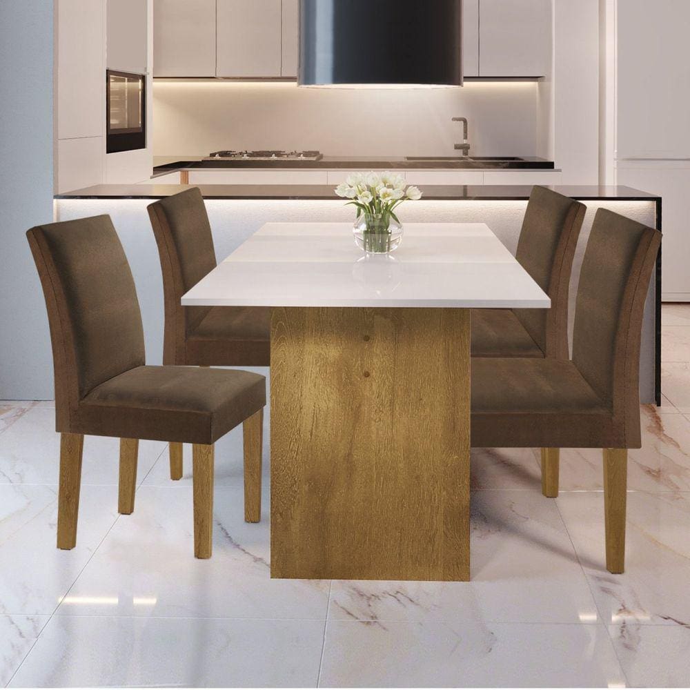 Conjunto Sala de Jantar Mesa e 4 Cadeiras Júlia Cel Móveis Ype/Off White/Tecido Animale Marrom