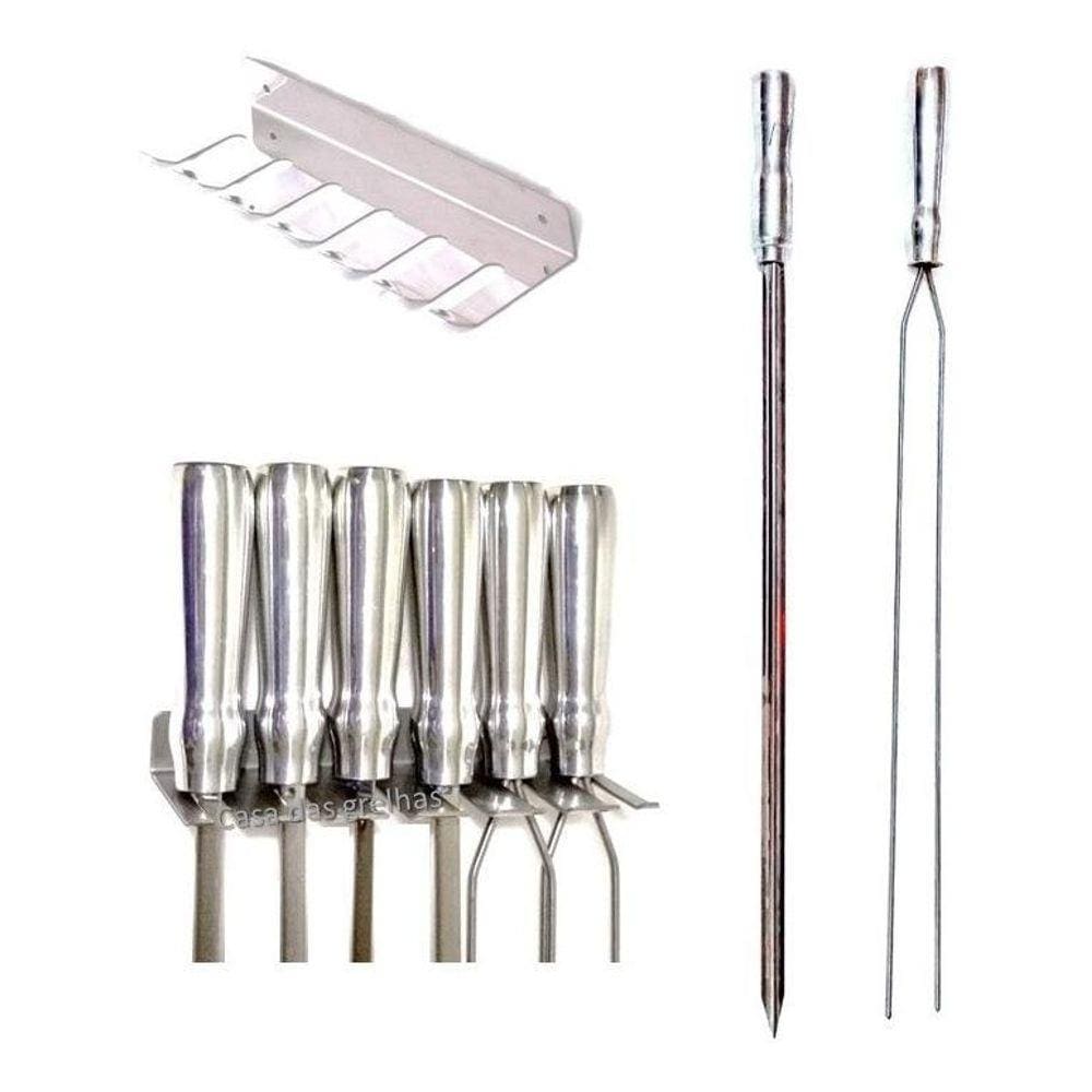 Kit 6 Espetos Em Inox Lamina 44Cm Com Porta Espeto Parede