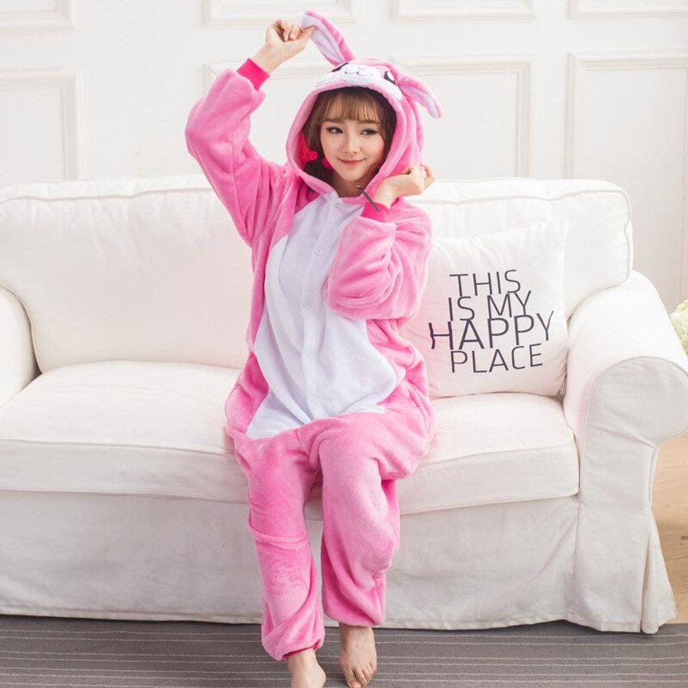 Pijama Coelho AD Pink C/Branco Com Capuz+Bolso 100% Algodão Antialérgico