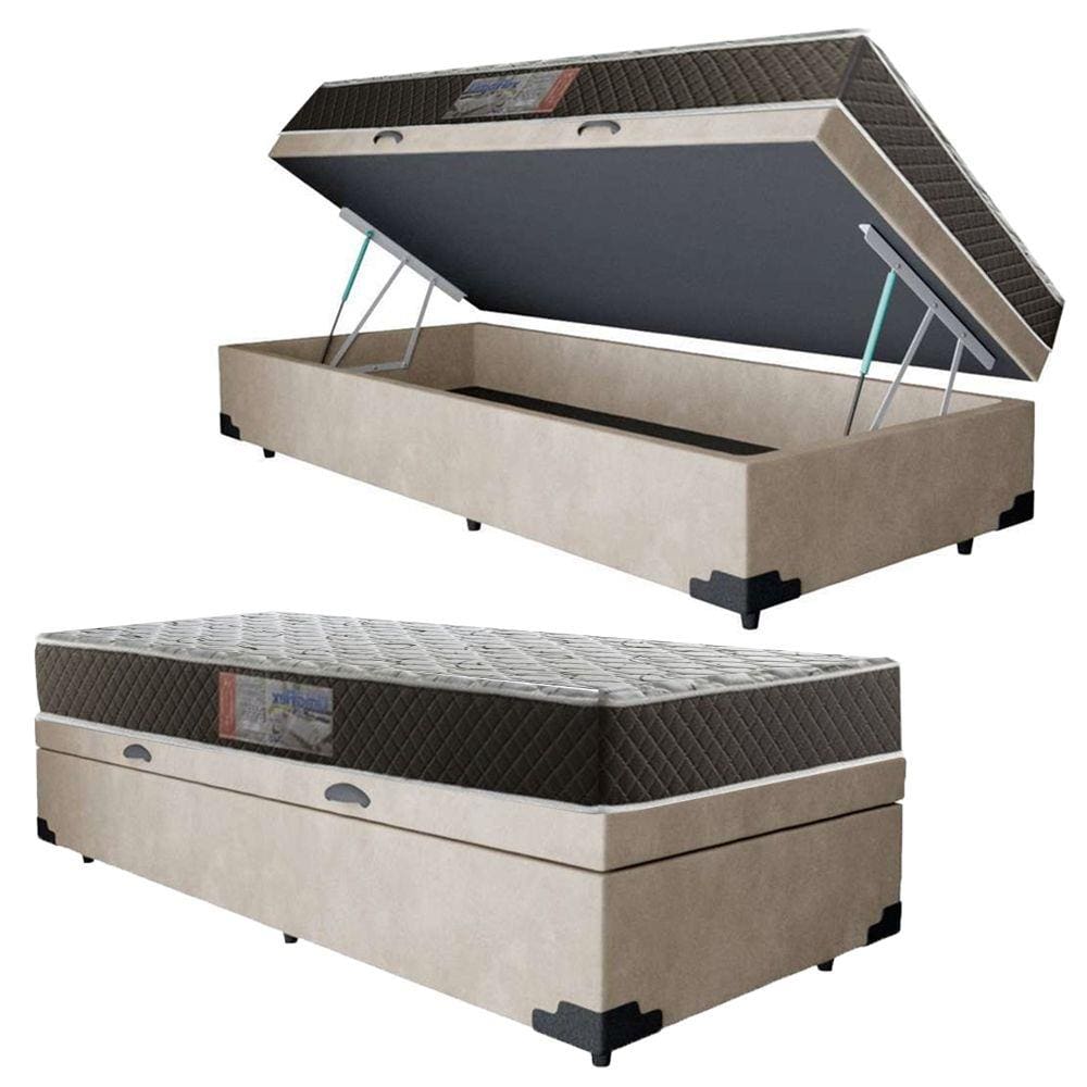 Cama Box Baú Solteiro Colchão Mola Ensacada Acolchões + Box Suede 61x88x188
