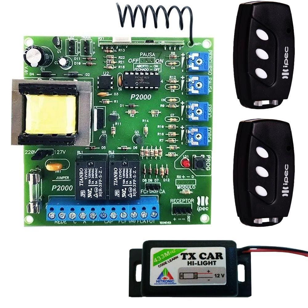 Central Placa Portão Eletrônico Motor Peccinin + 2 Controles 3 Canais com Clip de Fixação + 1 Controle Tx Car Farol Alto Carro e Moto