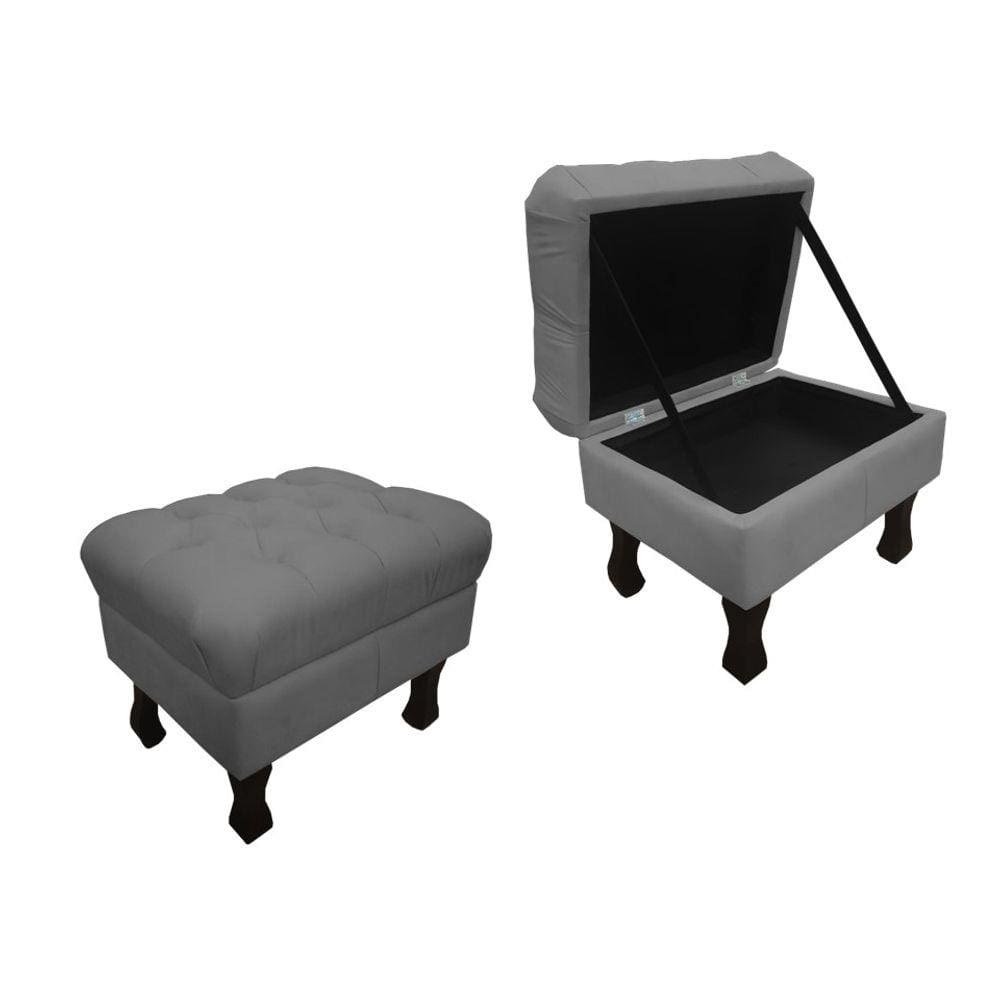 Puff Puf Decorativo Baú Luis Xv Suede Cinza Retrô Capitonê Mz Decor