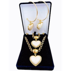Kit Colar + Pulseira + Argolas Coração Creme Elo Português Grosso 6mm