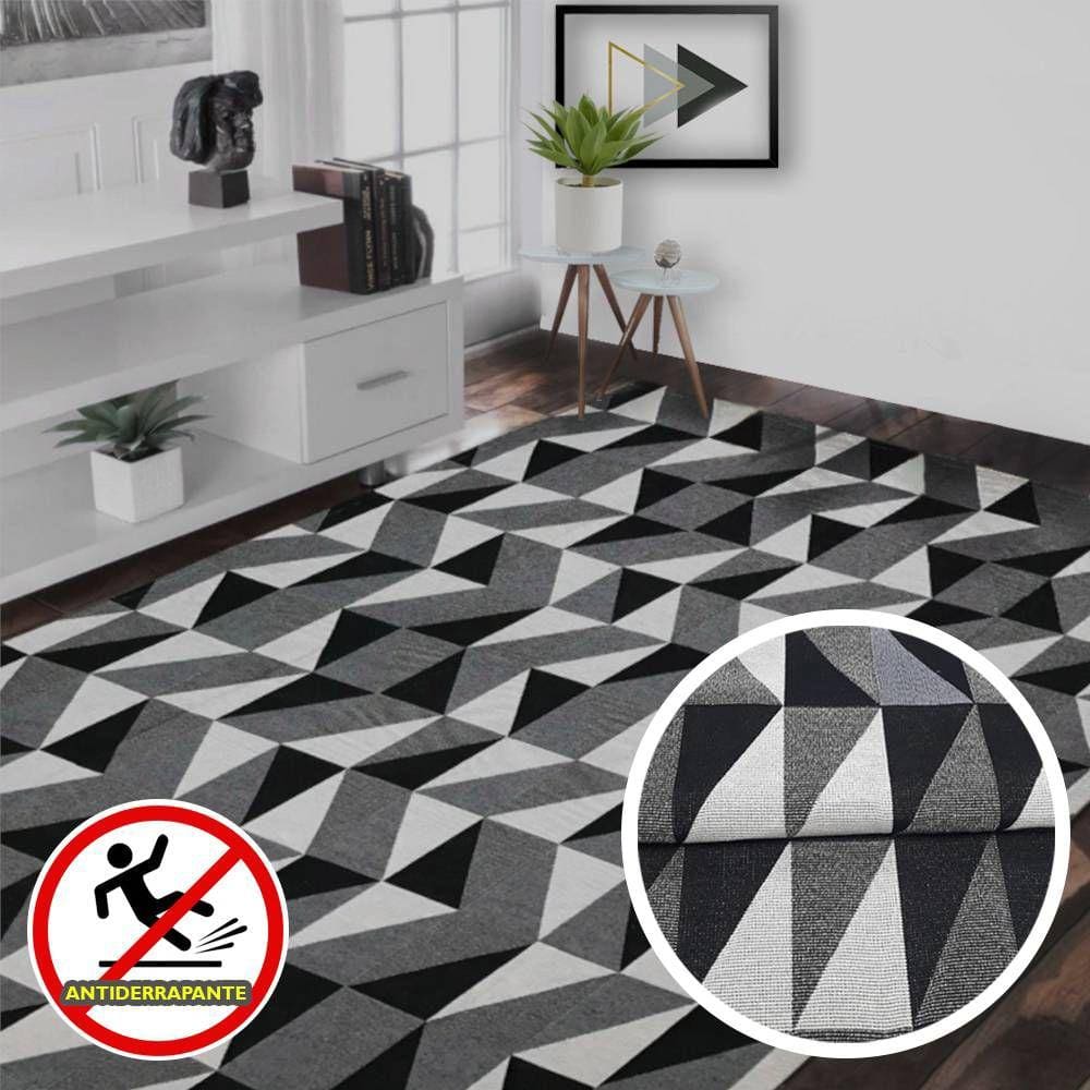 Tapete Jacquard Sala Quarto e Escritório Alto Poder Antiderrapante Preto Cinza e Branco Casa Dona