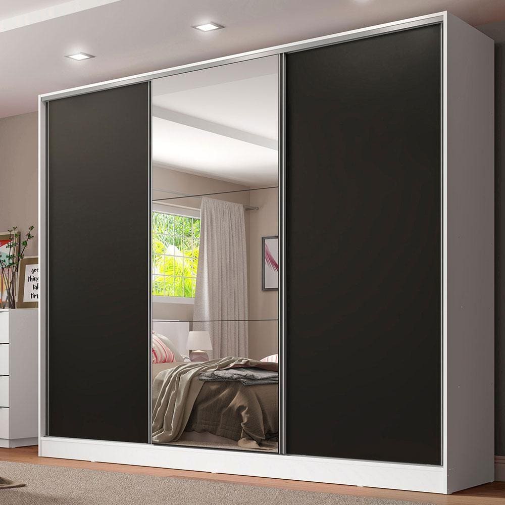 Guarda Roupa Casal 100% MDF Madesa Royale 3 Portas de Correr com Espelho - Branco/Preto