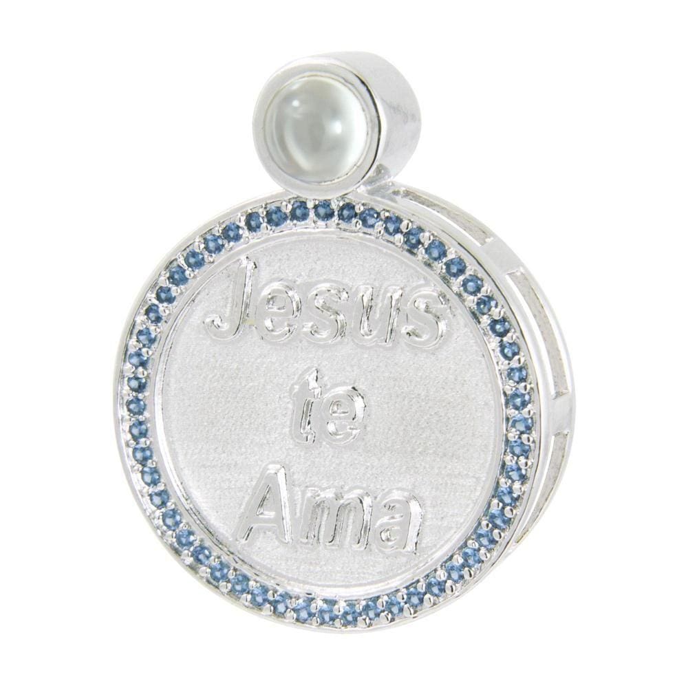 Pingente Prata c/ Ródio Neo Crystal Círculo Jesus Te Ama com Zircônia 28x22mm