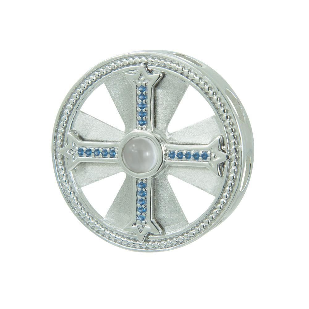 Pingente Prata Neo Crystal Círculo Cruz São Bento com Zircônias Azuis e Oração, 28mm