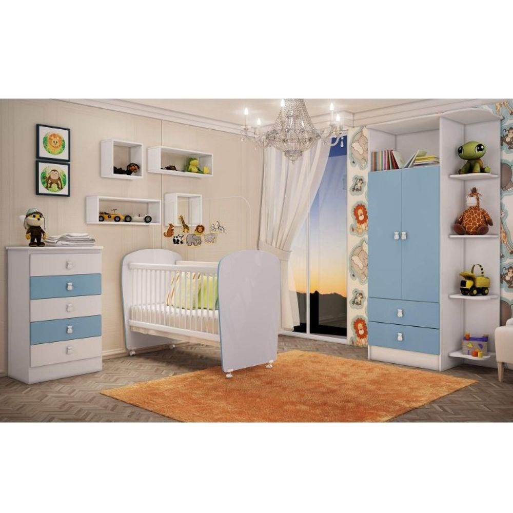 Quarto de Bebê Completo Leãozinho com Guarda Roupa 2 Portas, Cômoda e Berço Espresso Móveis Branco/Azul