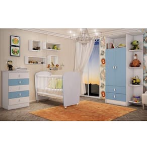 Quarto de Bebê Completo Leãozinho com Guarda Roupa 2 Portas, Cômoda e Berço Espresso Móveis Branco/Azul