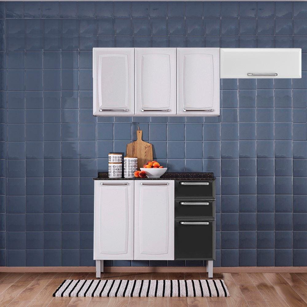 Cozinha Itatiaia Luce 7 Portas com Balcão 2 Gavetas Preto e Armários Aéreos Brancos