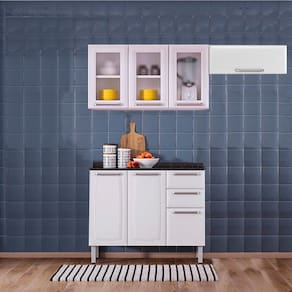 Cozinha Itatiaia Luce 7 Portas com Balcão 2 Gavetas Branco e Armários Aéreos 3 Vidros Brancos