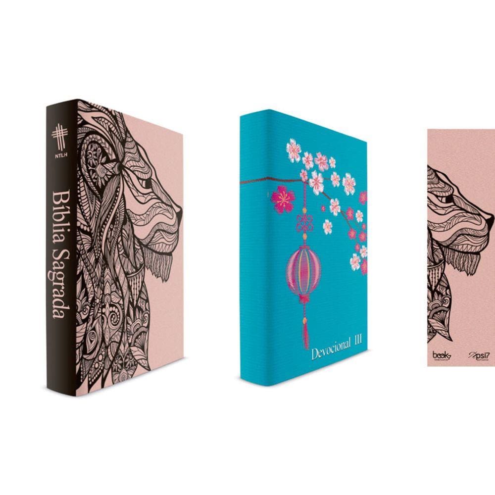 Kit Leão Rosa - Bíblia Capa Dura NTLH + Devocional III Capa Azul Claro + Marca Página