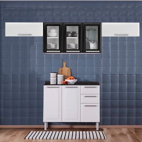 Cozinha Itatiaia Luce com Armários Aéreos e Balcão 2 Gavetas 8 Portas 3 Vidros Branco / Preto