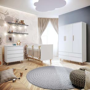 Quarto Infantil Retrô Guarda Roupa 3 Portas Lorena Cômoda 4 Gavetas Berço 3 em 1 Ludmila Br Fosco Carolina Baby