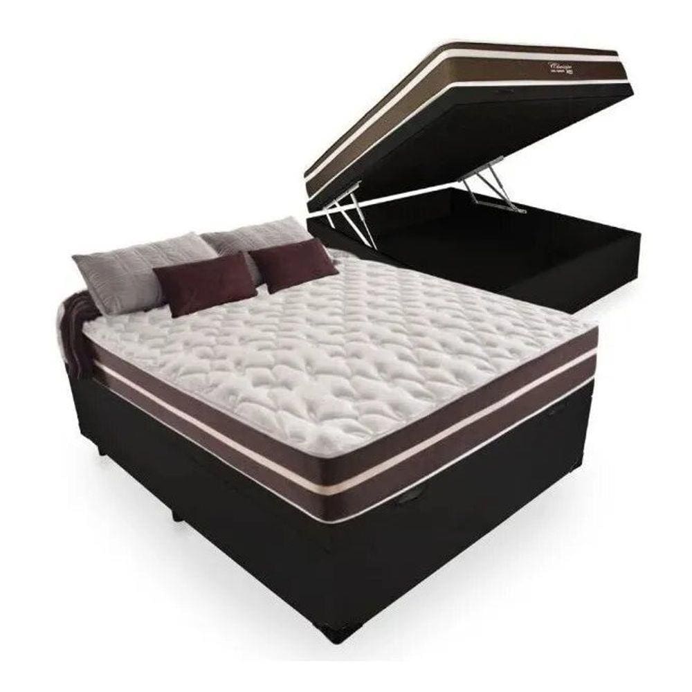 Cama Box Com Baú Corino Preto Casal + Colchão de Mola Superlastic Classic 22x188x138 cm