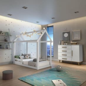 Quarto Infantil Montessoriano Cama Casinha Comoda 4 Gavetas Retrô Ludmila Branco Fosco Carolina Baby