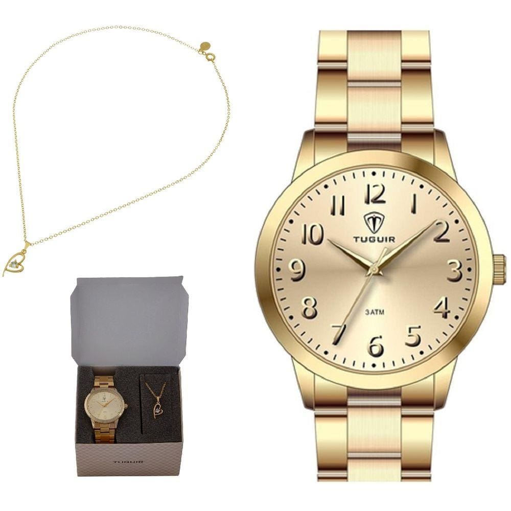 Kit Relógio Feminino Analógico Corrente Pingente Dourado