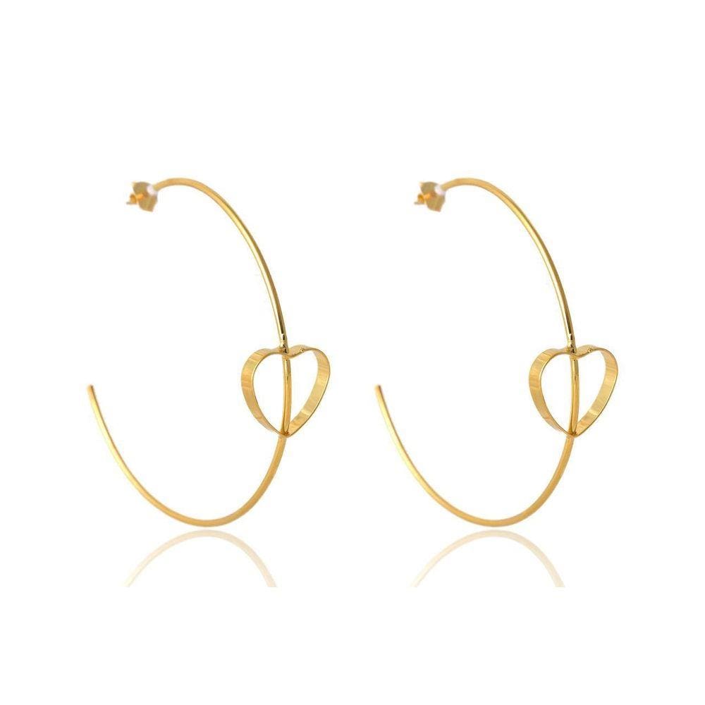 Brinco Argola Grande Fina Com Coração Embutido Em Ouro 18K