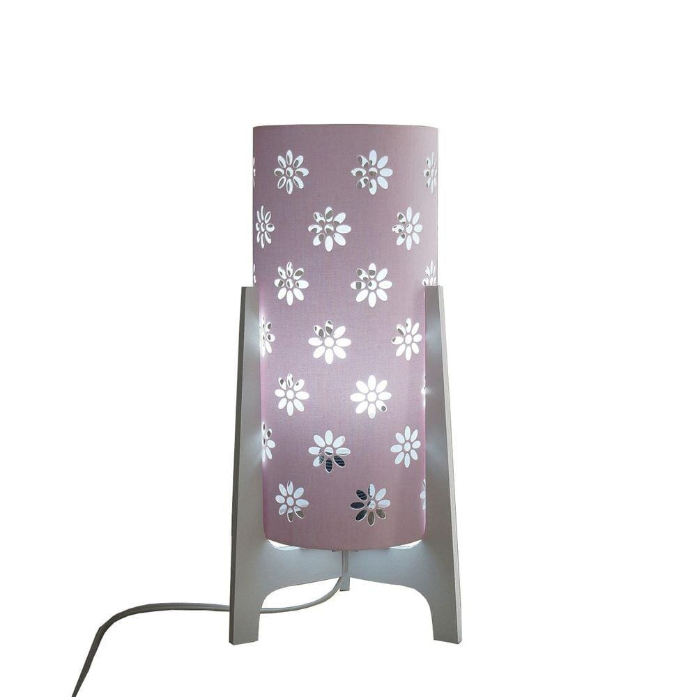 Abajur Tripé Madeira Branca e Cúpula Tecido Rosa Vazado Flores 32 cm x 15 cm